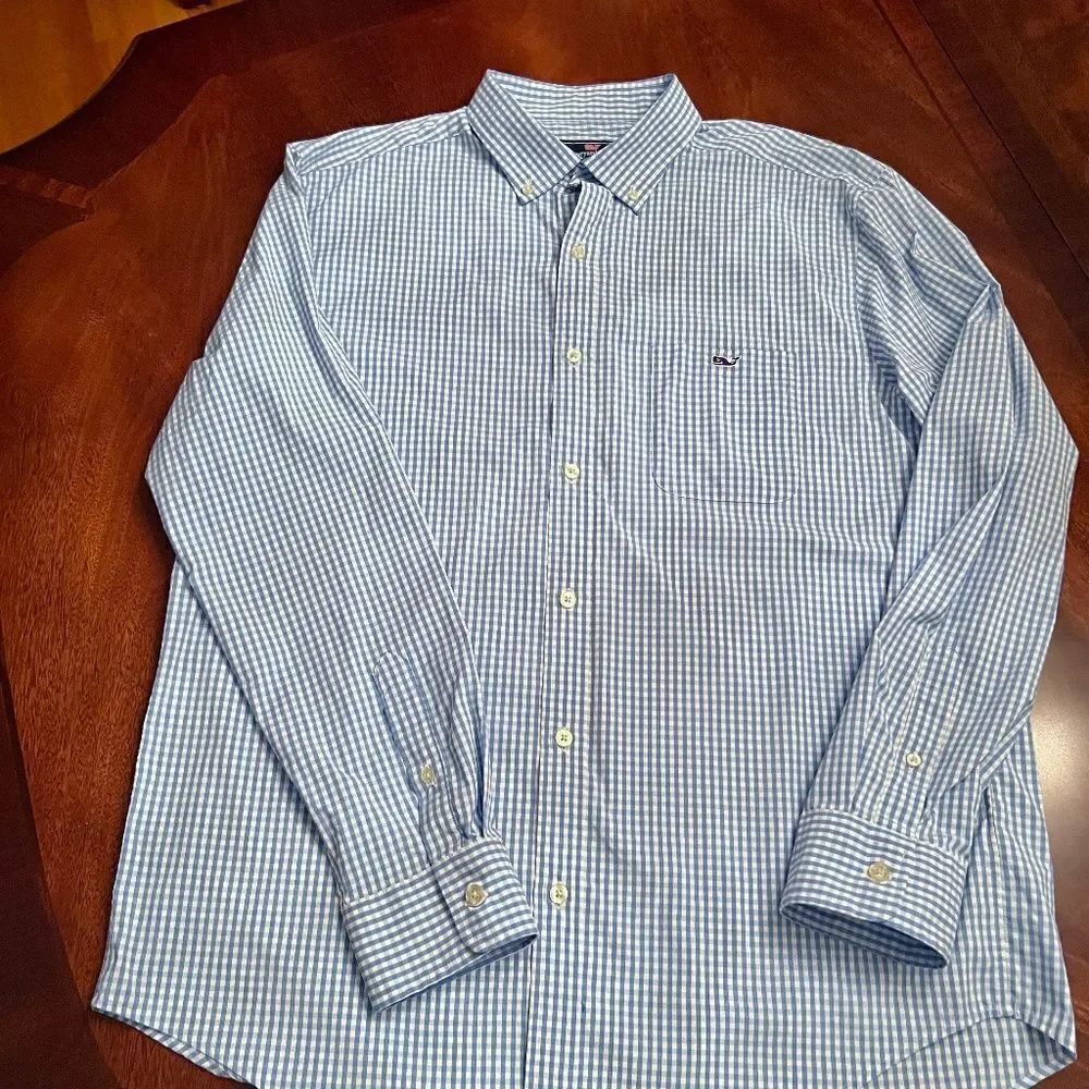 Vineyard Vines Seawater Blue White Gingham Check Performance Tucker Shirt LARGE